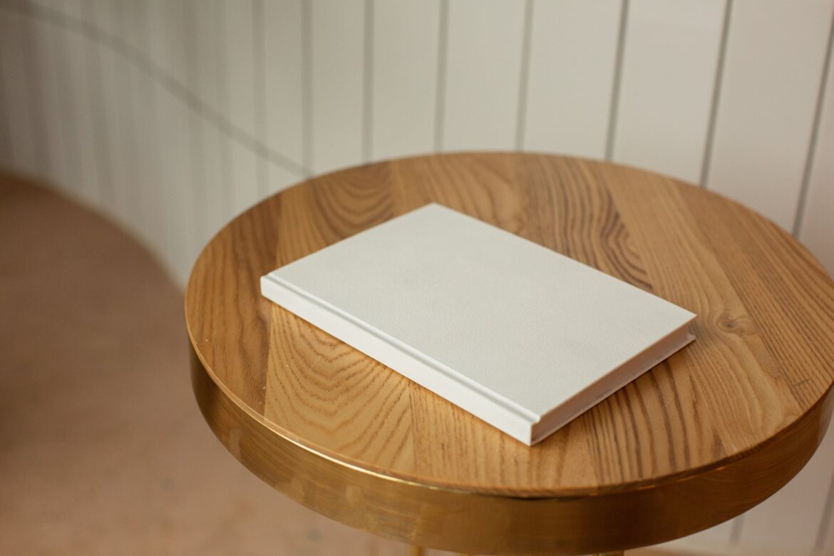 wooden table with blank white mockup