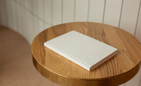 wooden table with blank white mockup